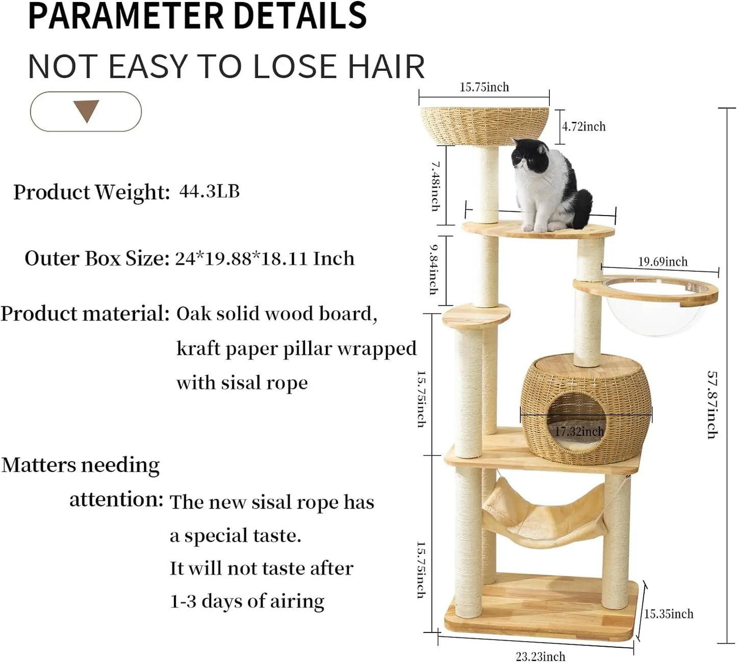 59-Inch Contemporary Cat Tower with Sisal-Covered Scratching Posts for Indoor Cats